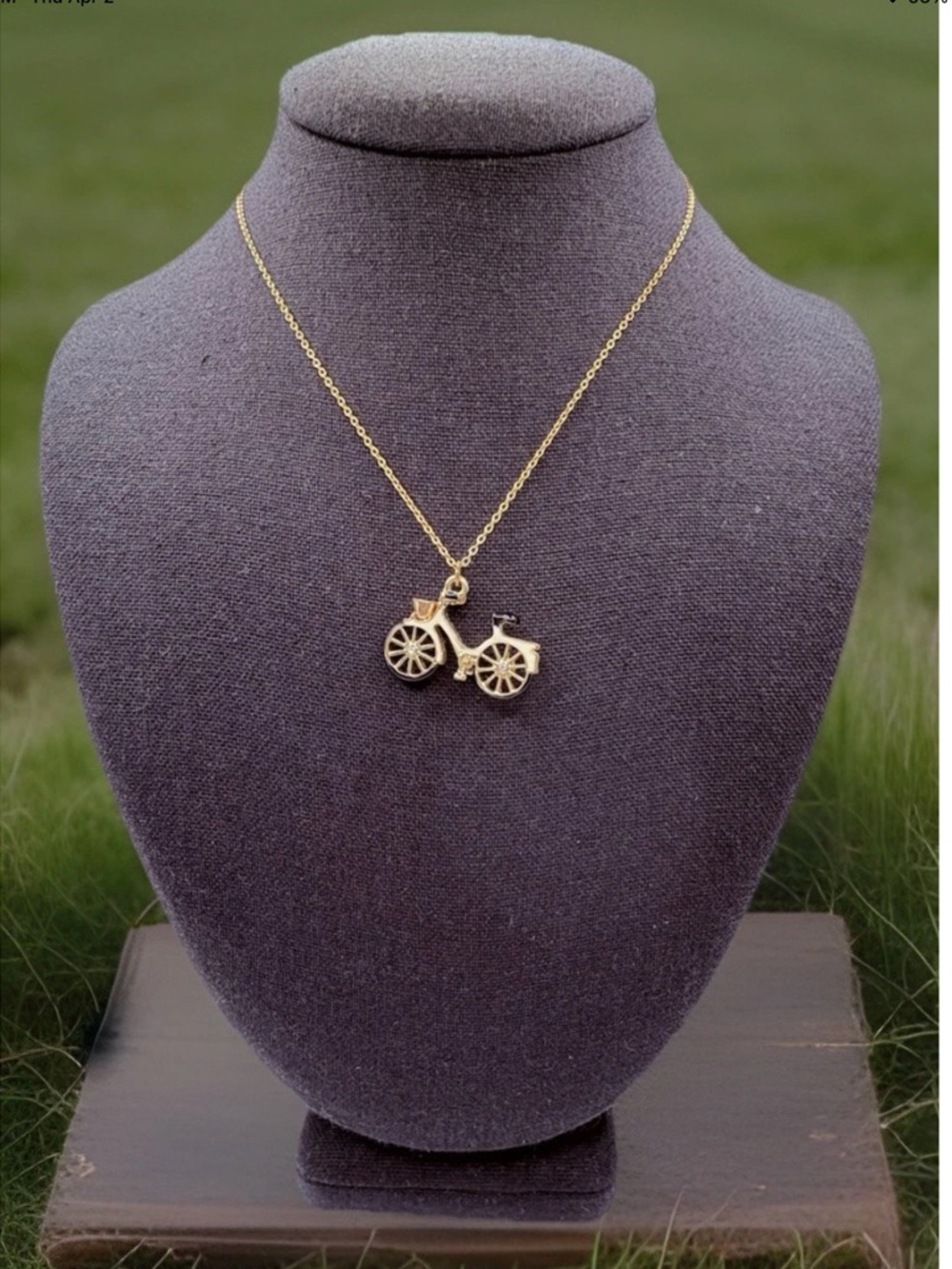 Vintage Bicycle Cruiser Enamel Pendant Necklace Goldtone 16” Chain Cream Black